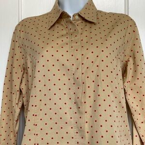 Liz Claiborne, Lizwear Jeans, petite medium tan with red dots long sleeved shirt
